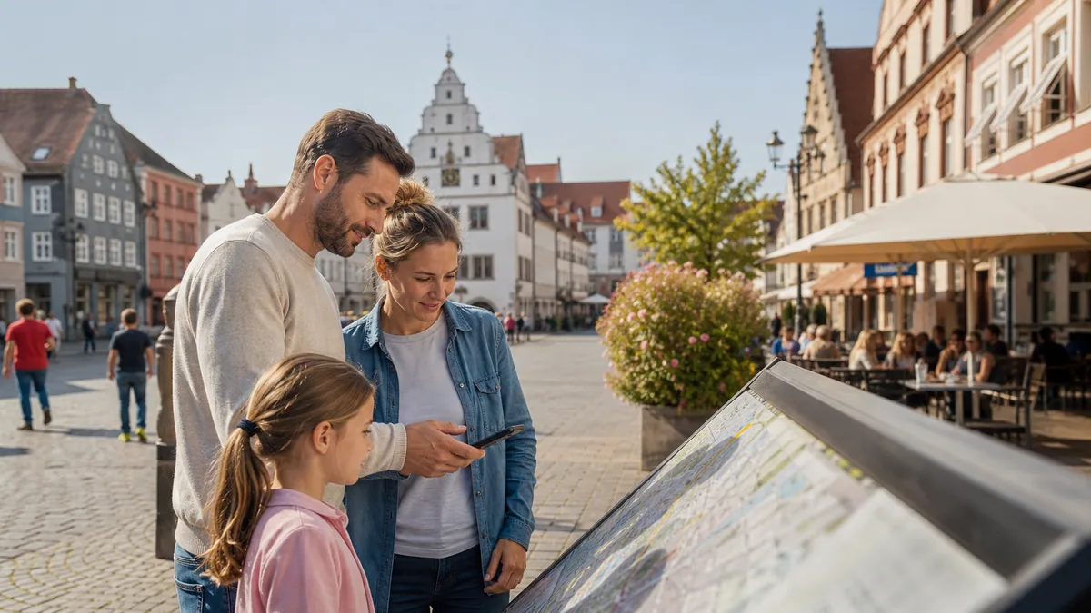 Familie startet eine digitale Entdeckerroute auf einem Innenstadtplatz