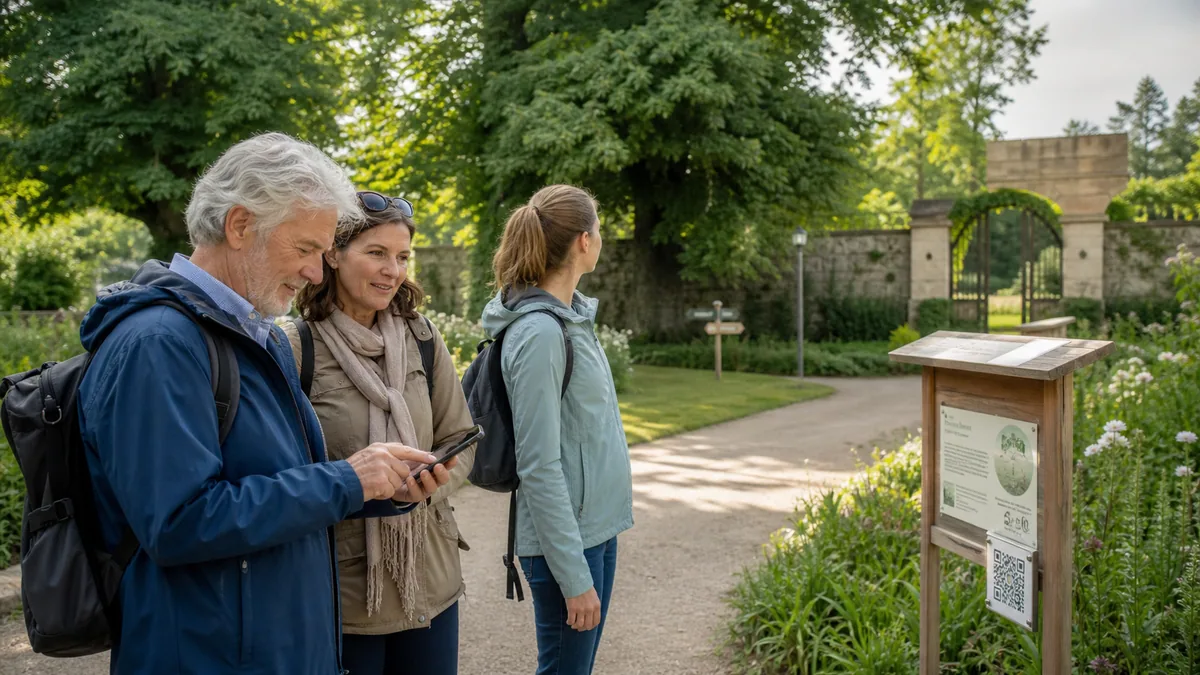 Besuchende öffnen an einer Informationstafel eine digitale Parkroute