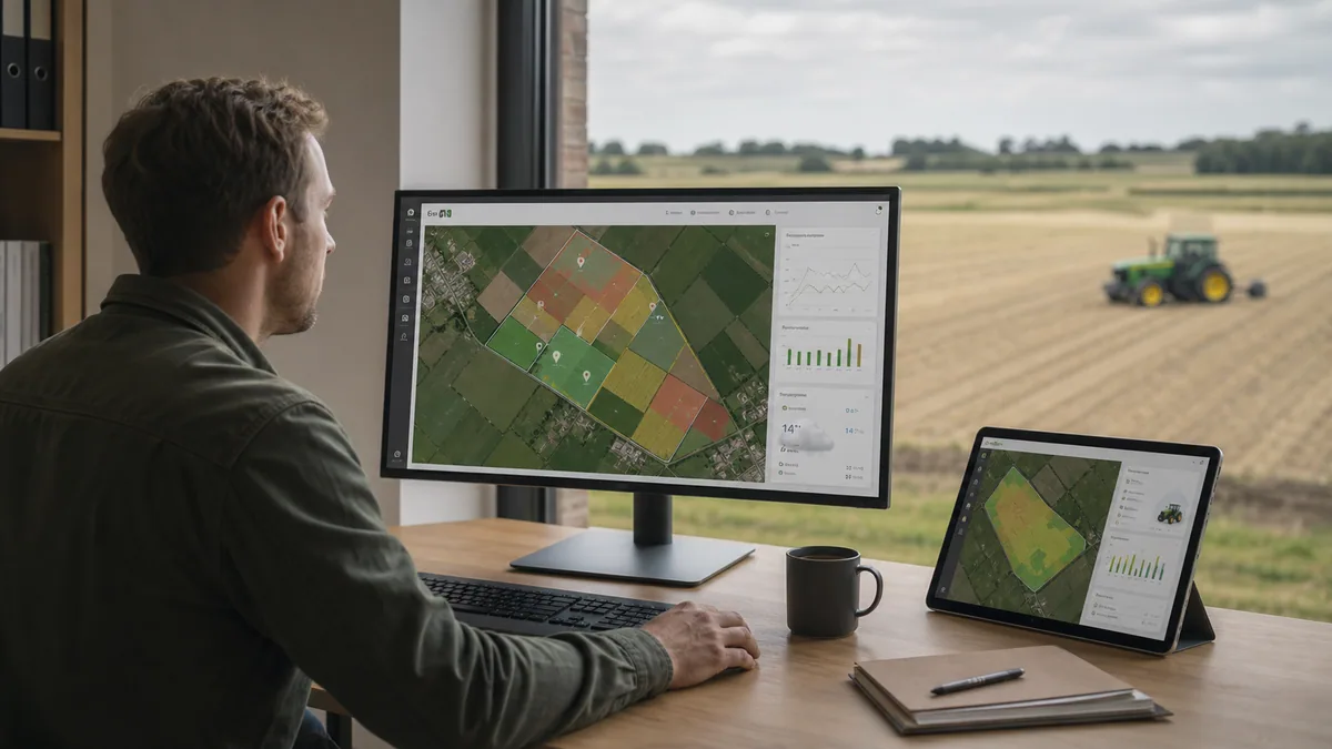 Eine Precision-Farming-Anwendung zeigt Feldflächen, farbige Bewirtschaftungszonen und Analyseinformationen an einem landwirtschaftlichen Arbeitsplatz.