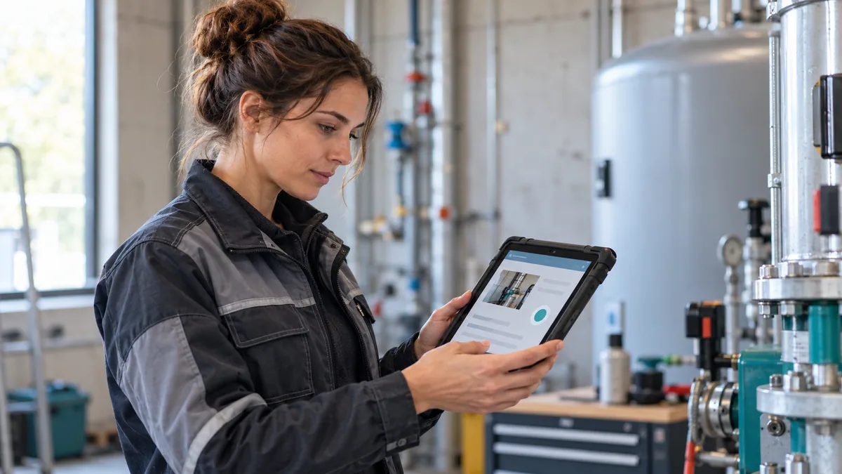 Eine Außendienstmitarbeiterin erfasst Prüfdaten auf einem Tablet in einem Technikraum.