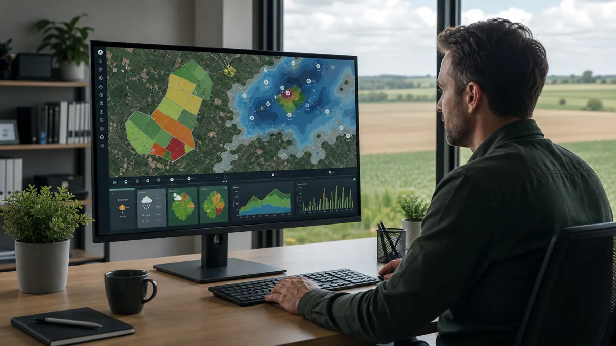 Eine Agrarsoftware zeigt Feldflächen, Wetterlayer, Niederschlagsprognosen und Risikoindikatoren für landwirtschaftliche Entscheidungen.