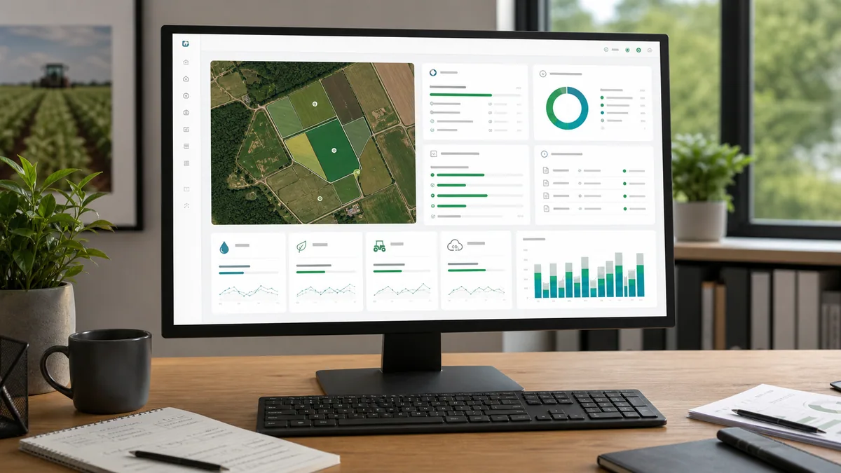 Ein Agrar-Dashboard zeigt Nachhaltigkeitsdaten, Feldkarten, Kennzahlen und Nachweisstatus in einer professionellen Weboberfläche.