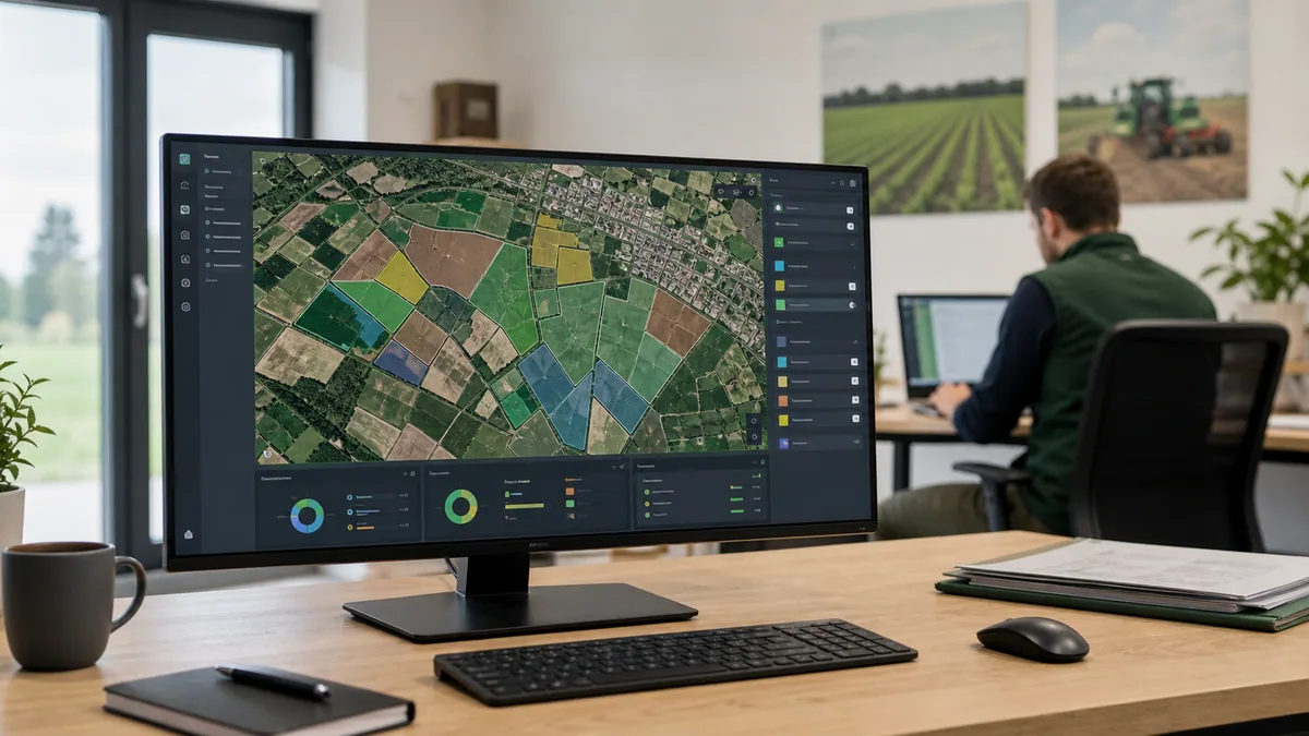 Eine Agrarsoftware zeigt landwirtschaftliche Schläge, Feldgrenzen, Maßnahmenstatus und Kulturdaten in einer professionellen Kartenansicht.