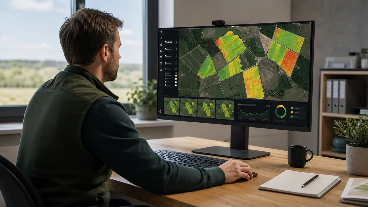 Eine Agrarsoftware zeigt Satellitenmonitoring mit Feldflächen, Vegetationslayern, Zeitvergleich und Analyseinformationen an einem modernen Arbeitsplatz.