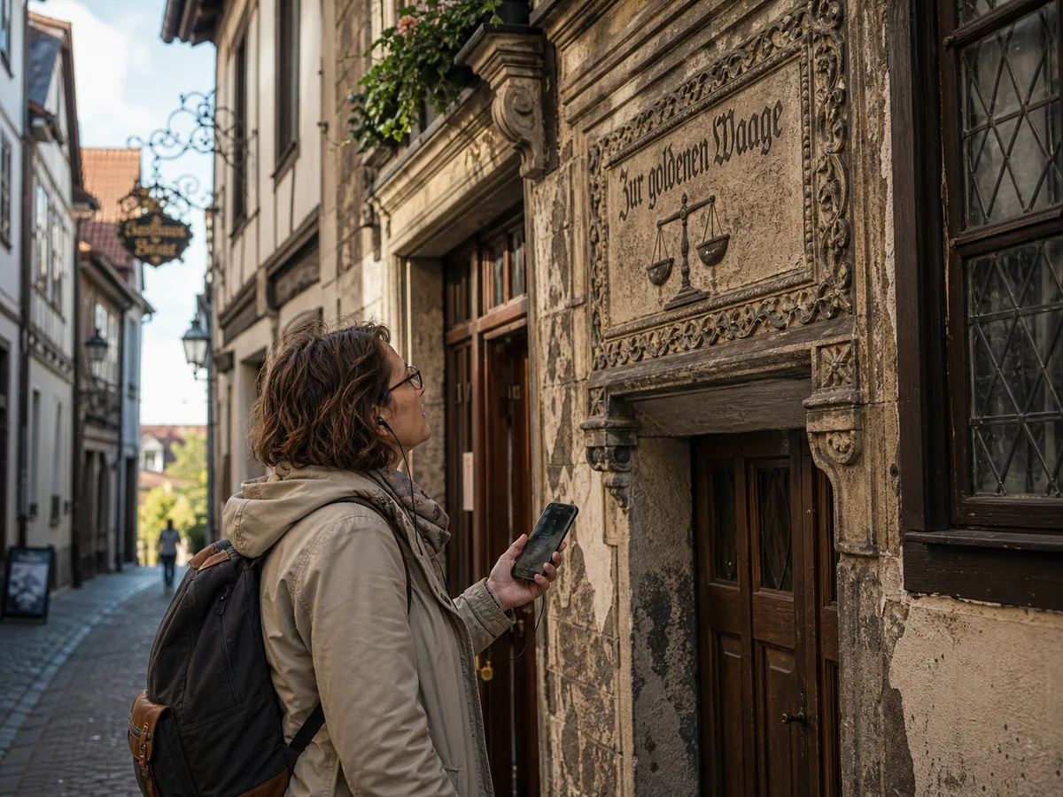 Besucherin hört an einer historischen Hausfassade einen Audiobeitrag