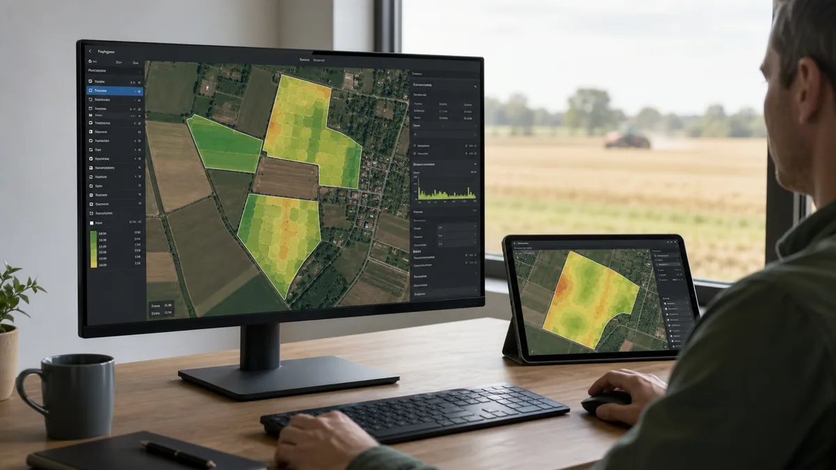 Eine Agrarsoftware zeigt Feldflächen mit farbigen Aussaatzonen und Analyseinformationen für teilflächenspezifische Aussaat.