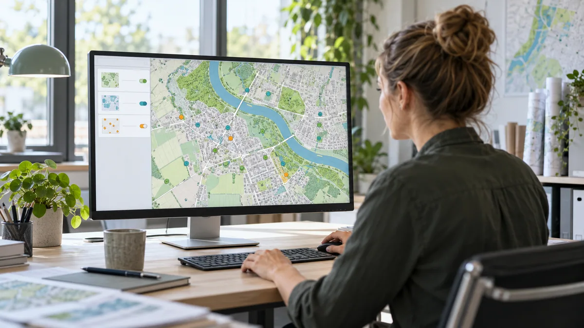 Eine Fachmitarbeiterin betrachtet Kartenebenen und Standortdaten in einer Anwendung auf einem Monitor.