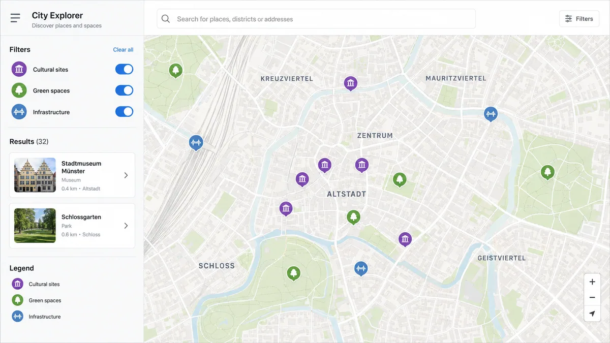Interaktive Karte visualisiert gefilterte Standortdaten und Kategorien