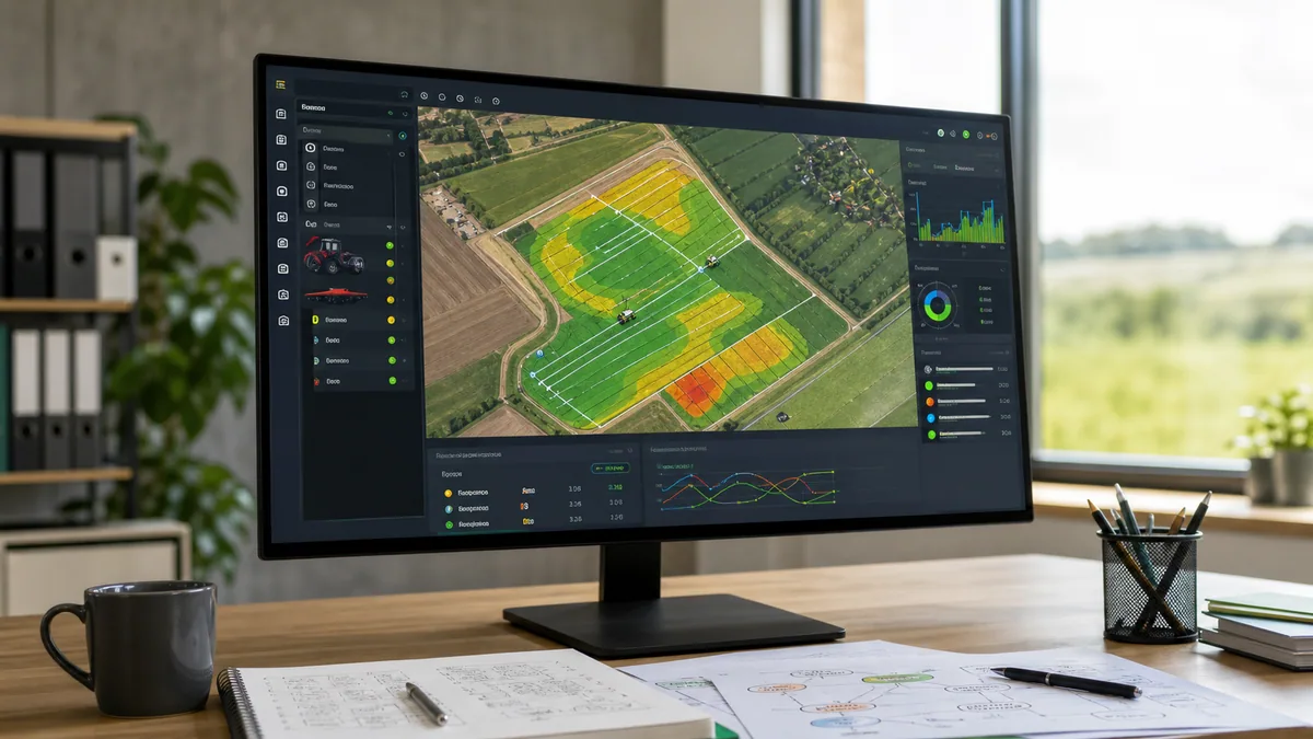 Eine Agrarsoftware zeigt Maschinendaten mit Fahrspuren, Bearbeitungszonen und Analyseinformationen auf einem Monitor.