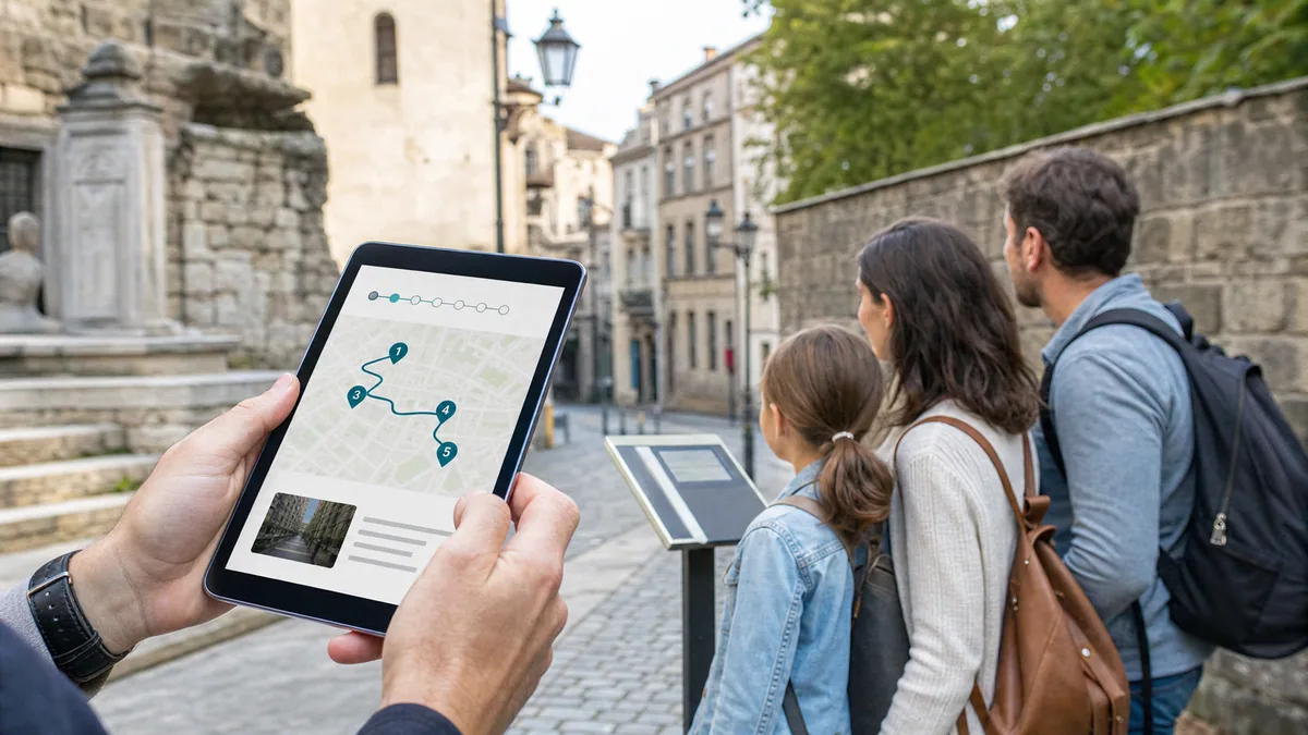 Eine mobile Karte zeigt eine Erlebnisroute mit mehreren Stationen in einer historischen Innenstadt.