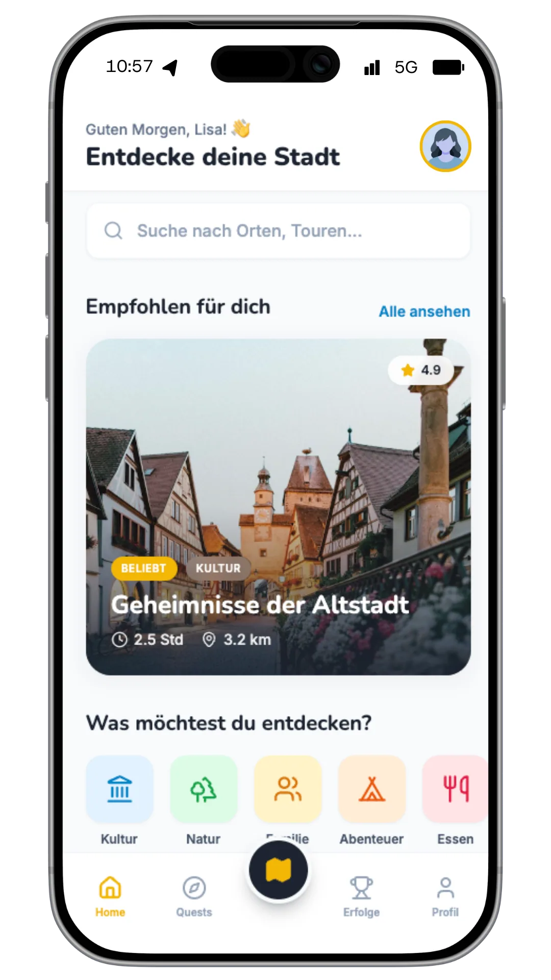 StadtQUEST Touristik-App auf einem Smartphone.