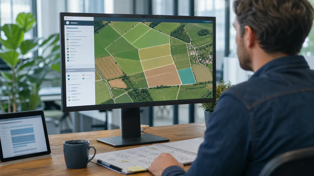 Eine Agrarsoftware zeigt landwirtschaftliche Feldgrenzen als präzise Polygone auf einer professionellen Kartenoberfläche.