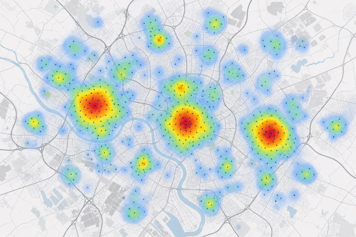 Heatmap technischer Serviceeinsätze mit drei stark verdichteten roten Hotspots und mehreren schwächeren Zonen auf einer Stadtkarte