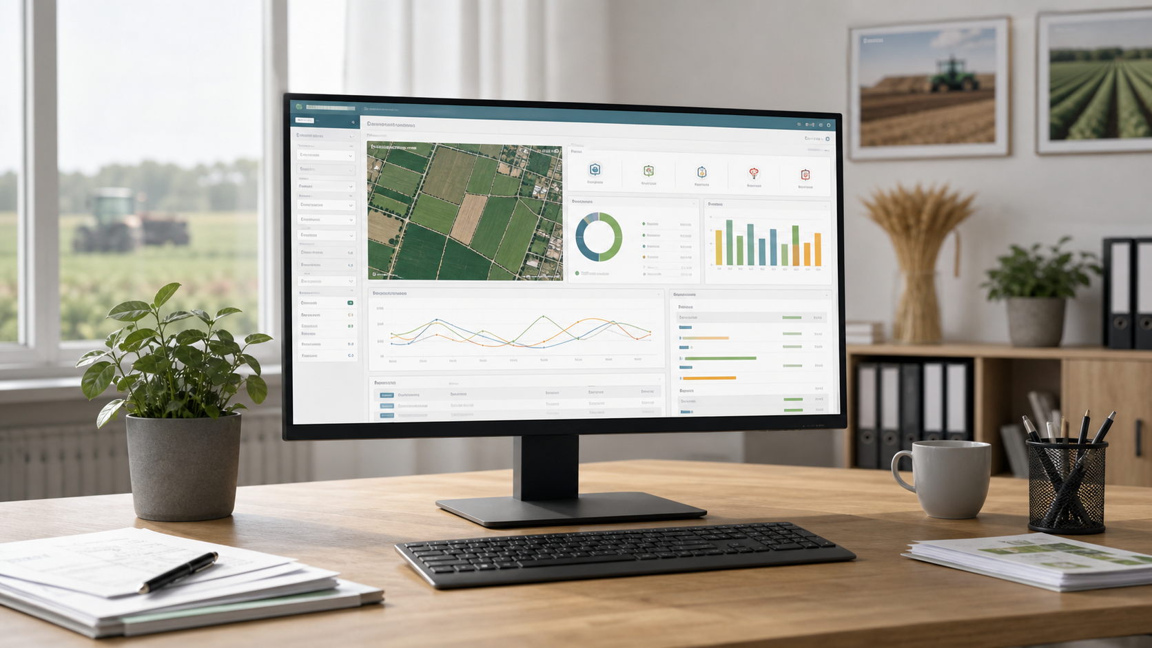 Eine Agrarsoftware zeigt Betriebsmittelbestände, Verbrauchsdaten, Bestellstatus und Flächenbezug in einer professionellen Weboberfläche.