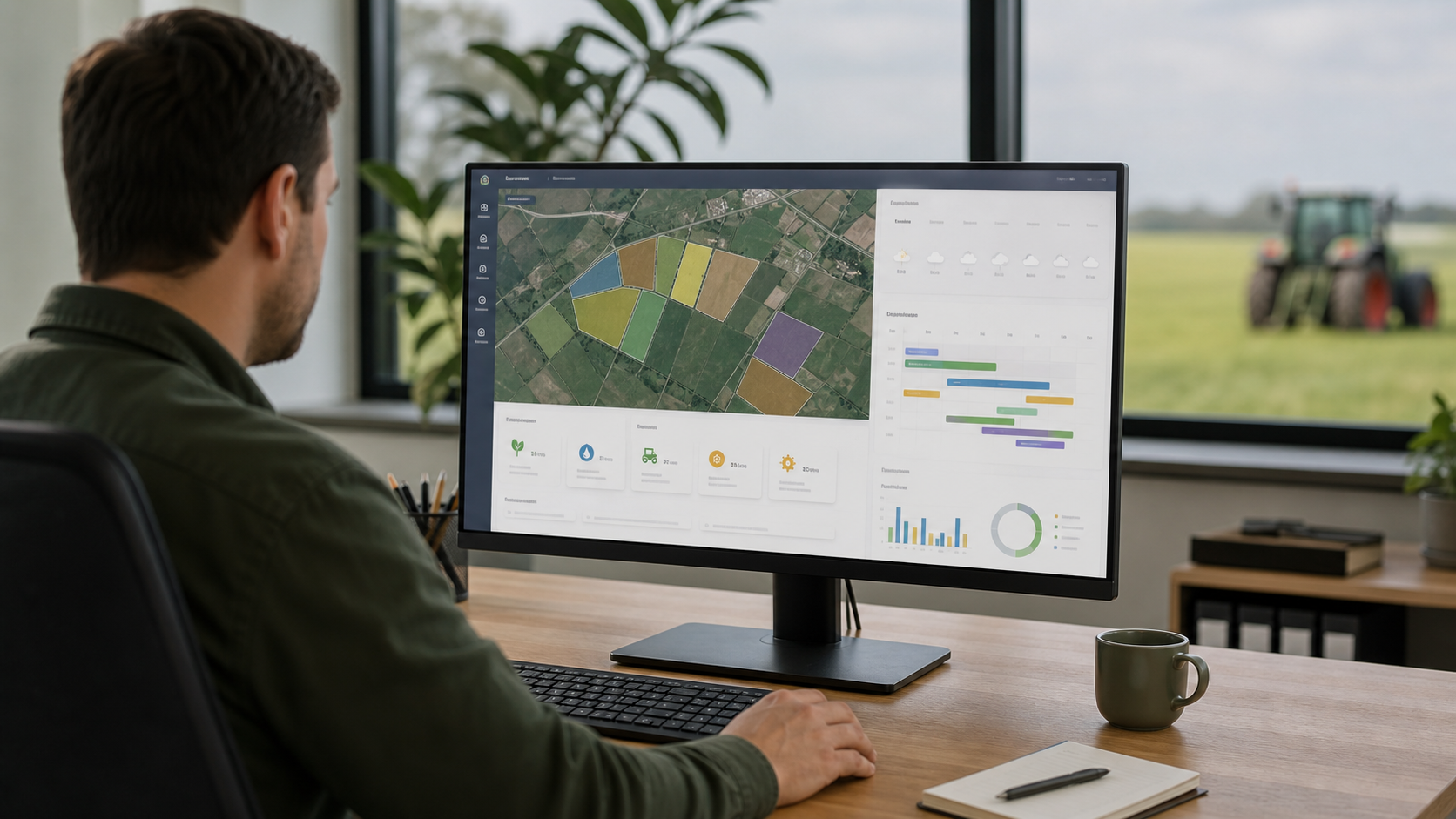 Ein Farm Management System zeigt Feldkarten, Maßnahmenplanung, Wetterhinweise und Betriebsdaten in einer professionellen Weboberfläche.