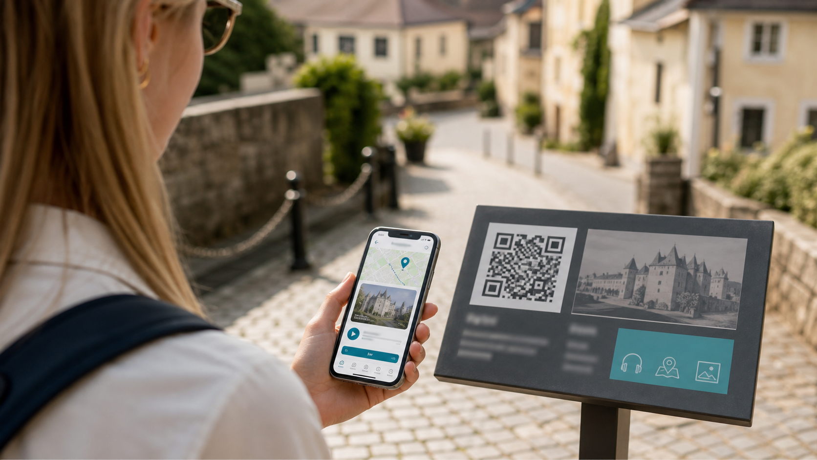 Ein touristischer QR-Code an einer Station öffnet auf einem Smartphone digitale Inhalte, Karte und Audio.