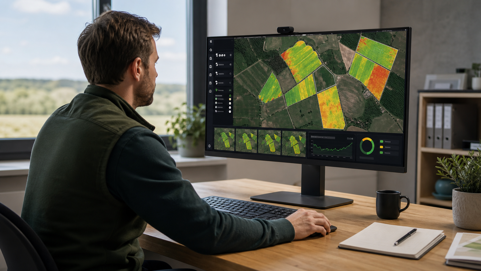 Eine Agrarsoftware zeigt Satellitenmonitoring mit Feldflächen, Vegetationslayern, Zeitvergleich und Analyseinformationen an einem modernen Arbeitsplatz.
