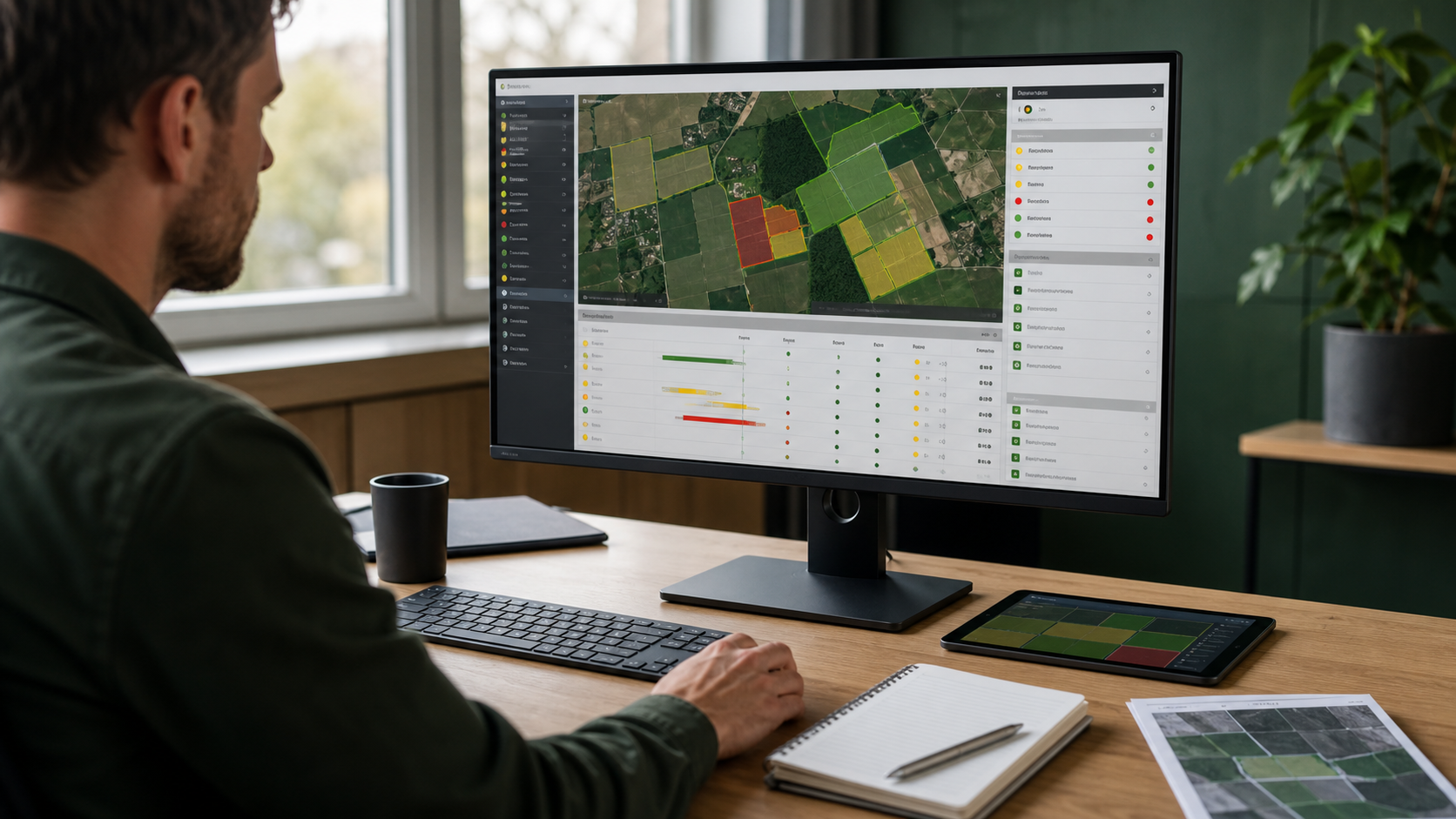 Eine digitale Ackerschlagkartei zeigt Feldflächen, Maßnahmenstatus und Dokumentationsbereiche in einer Agrarsoftware.