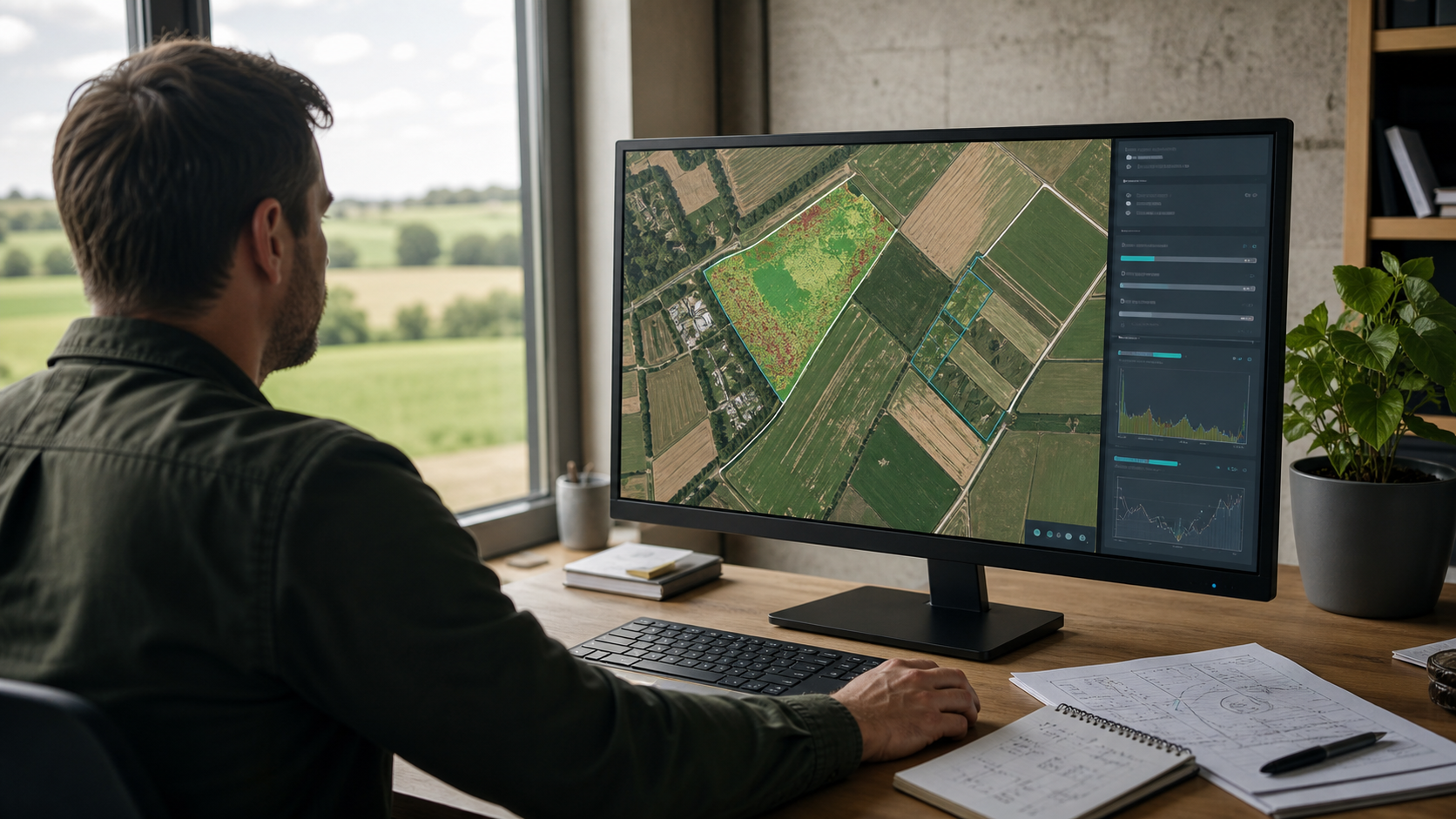 Eine Agrarsoftware zeigt Drohnenaufnahmen eines Feldes mit markierten Schadstellen, Feldgrenzen und Analysebereichen.