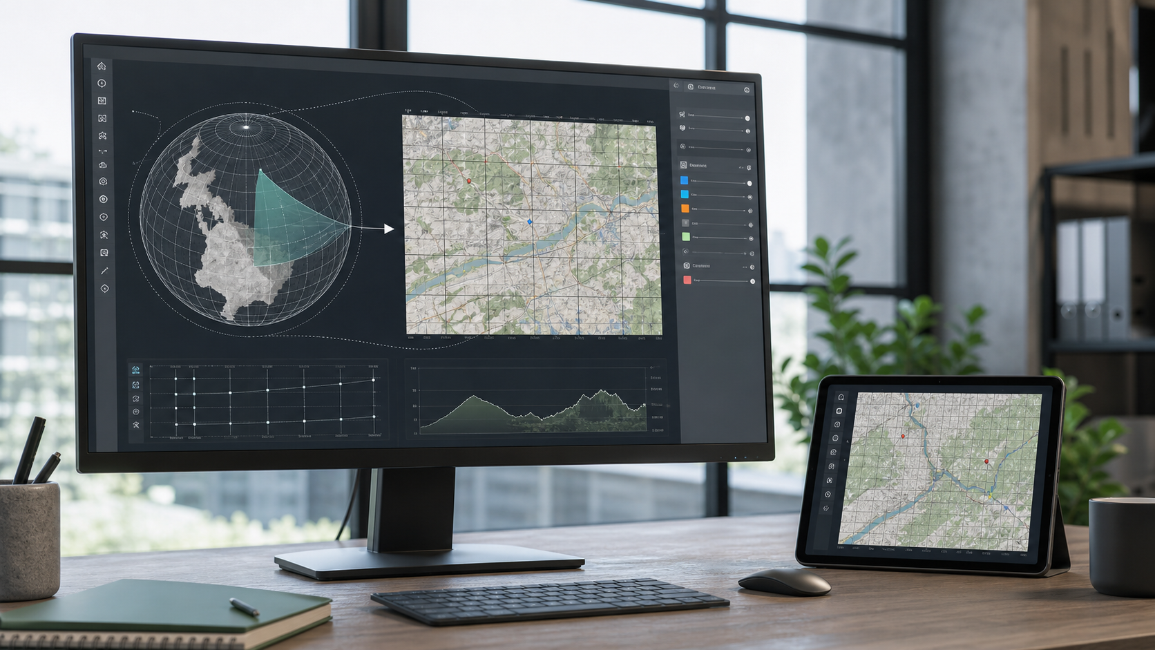 Eine digitale Kartenoberfläche zeigt die Übertragung geografischer Koordinaten in eine flache Kartenprojektion.