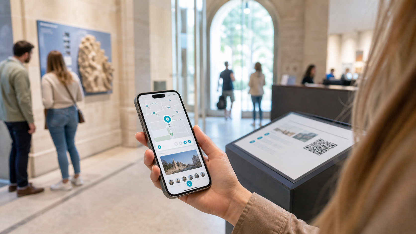 Besucherinnen nutzen ein Smartphone mit interaktiven Stationen, Karte und Aufgaben an einem kulturellen Ort.