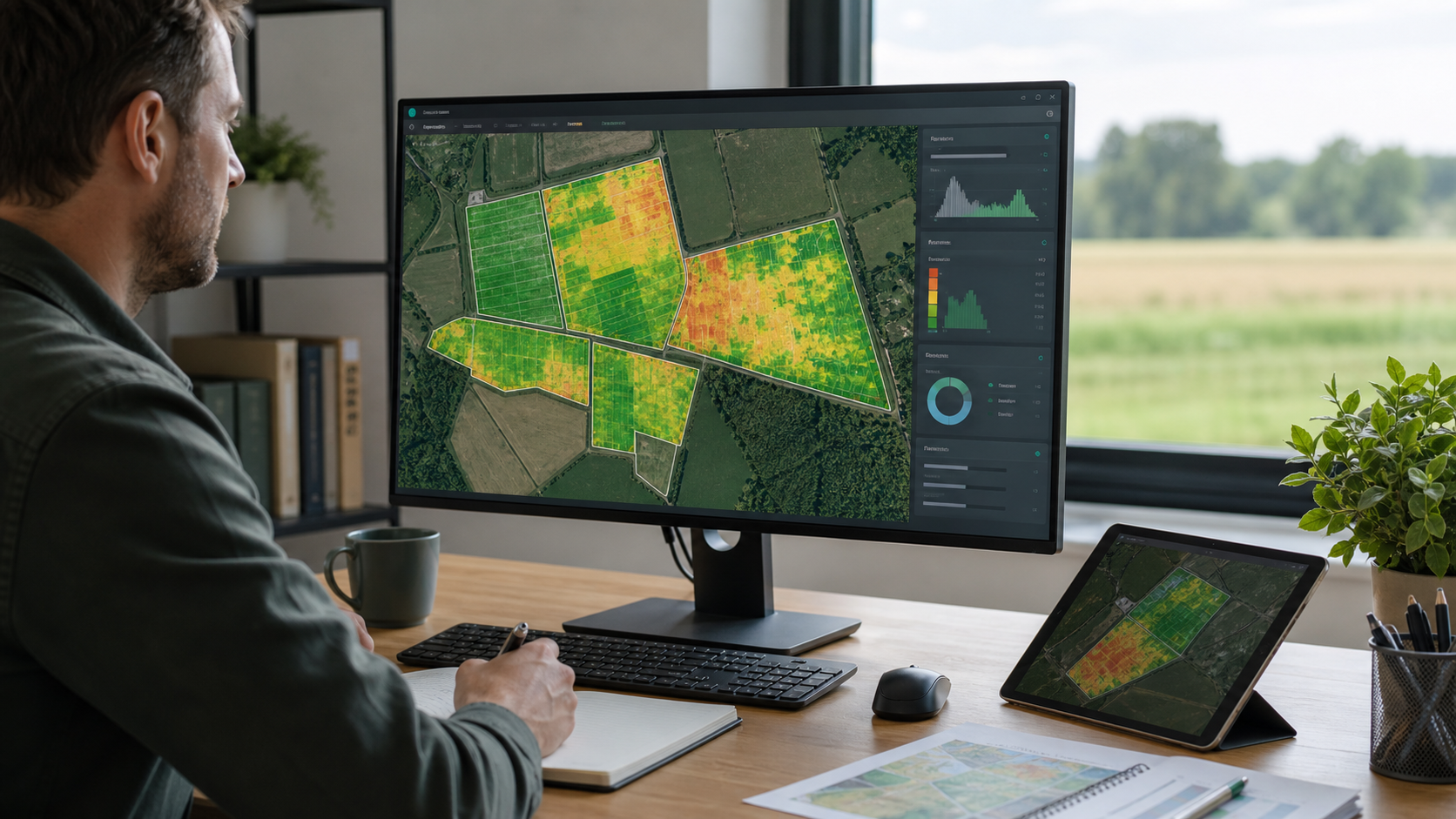 Eine Agrarsoftware zeigt Feldflächen mit farbigen Ertragszonen, Analysebereichen und Karteninformationen an einem modernen Arbeitsplatz.