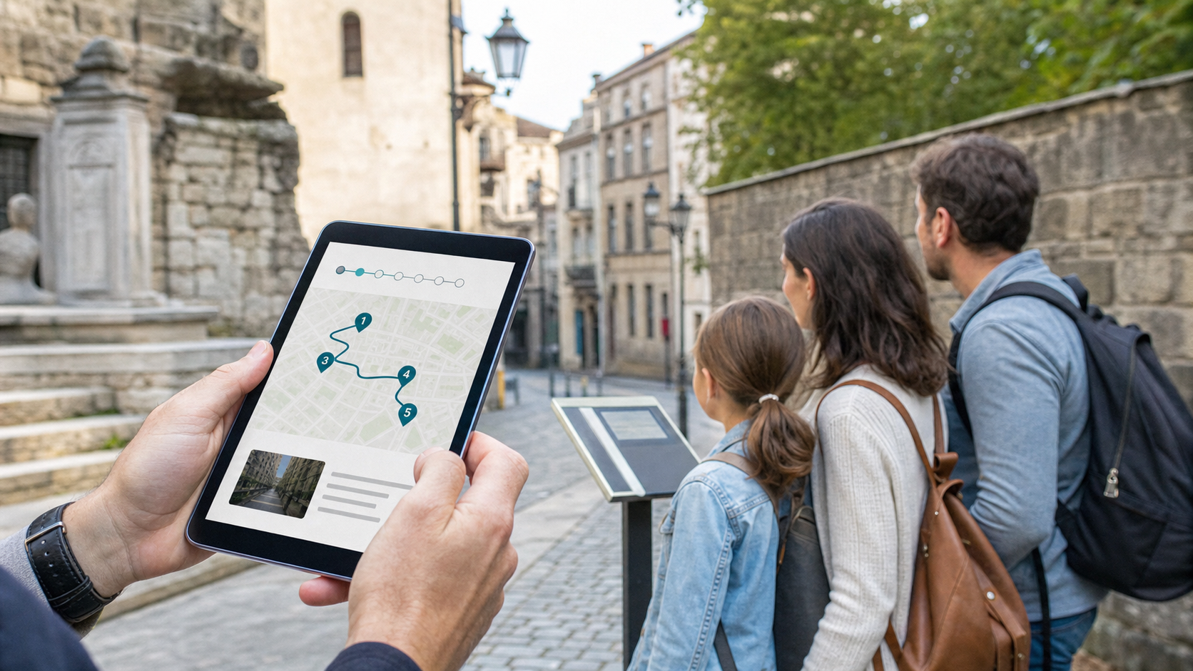 Eine mobile Karte zeigt eine Erlebnisroute mit mehreren Stationen in einer historischen Innenstadt.