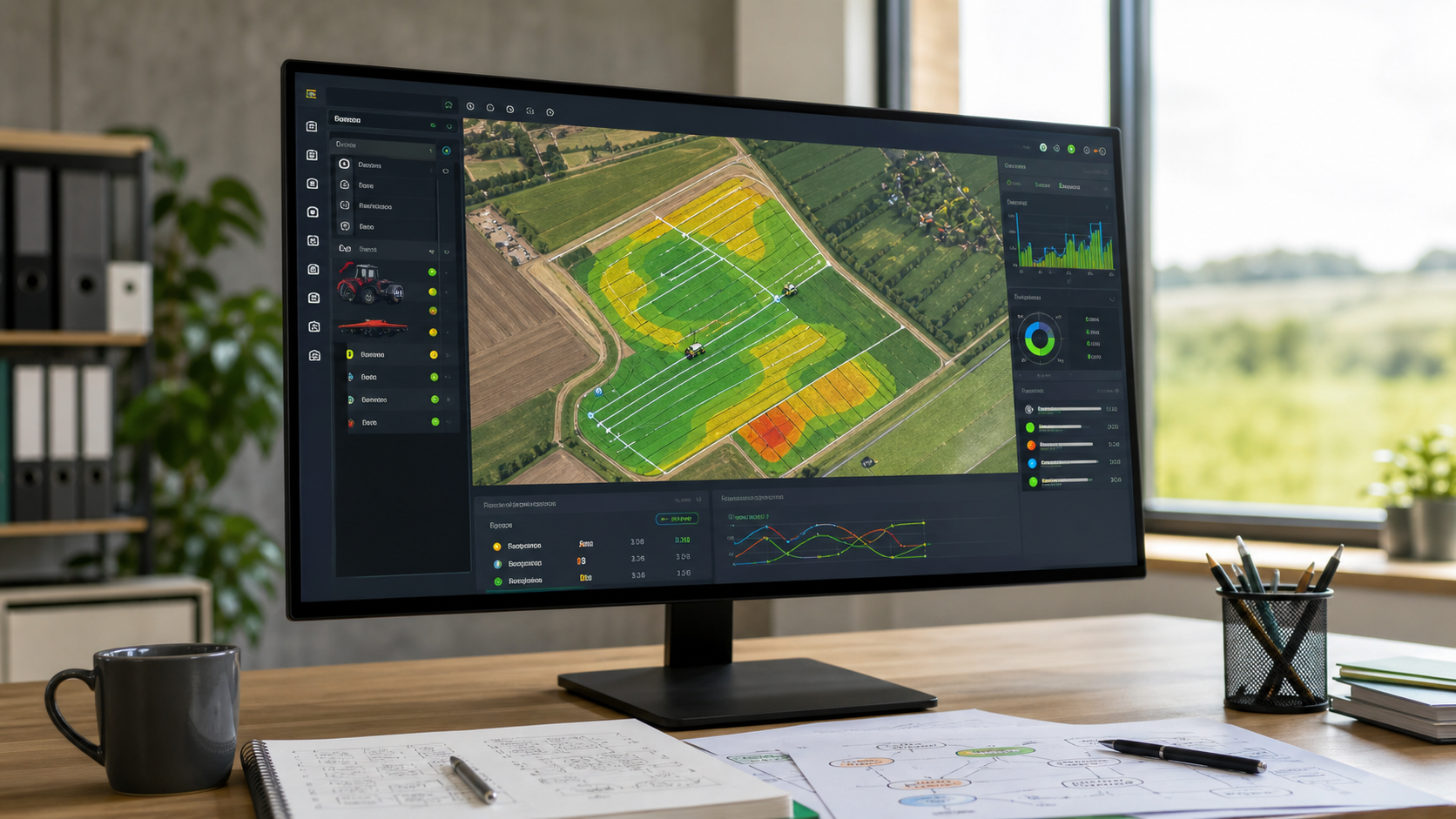 Eine Agrarsoftware zeigt Maschinendaten mit Fahrspuren, Bearbeitungszonen und Analyseinformationen auf einem Monitor.