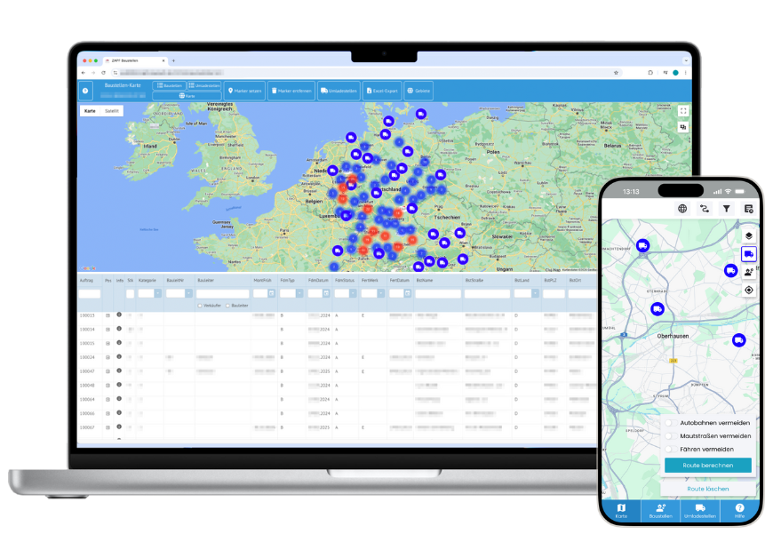 Außendienst-Kartenanwendung auf Desktop und Smartphone