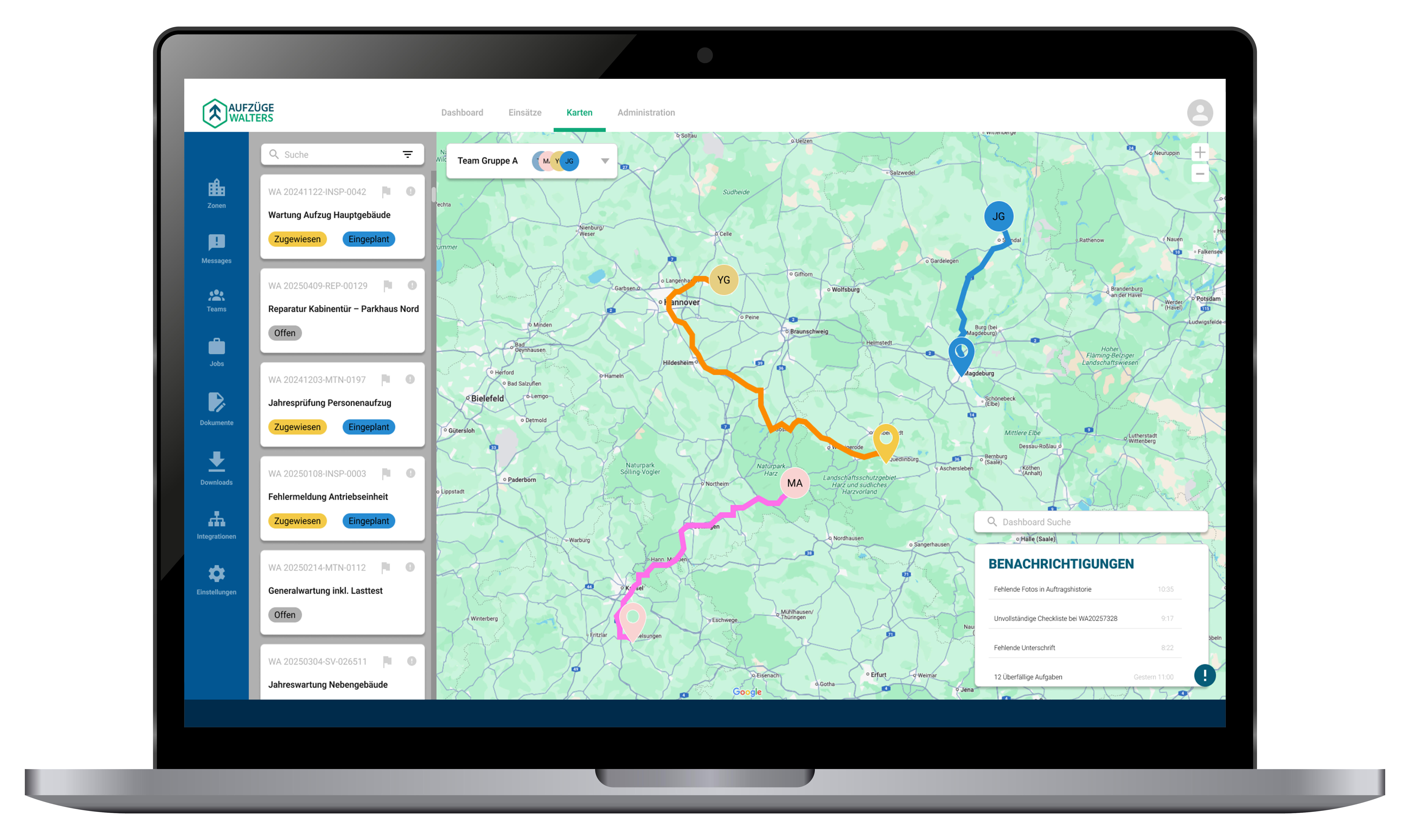 Integrierte Außendienstsoftware zeigt Aufträge, Teamrouten und Benachrichtigungen in einer Kartenansicht