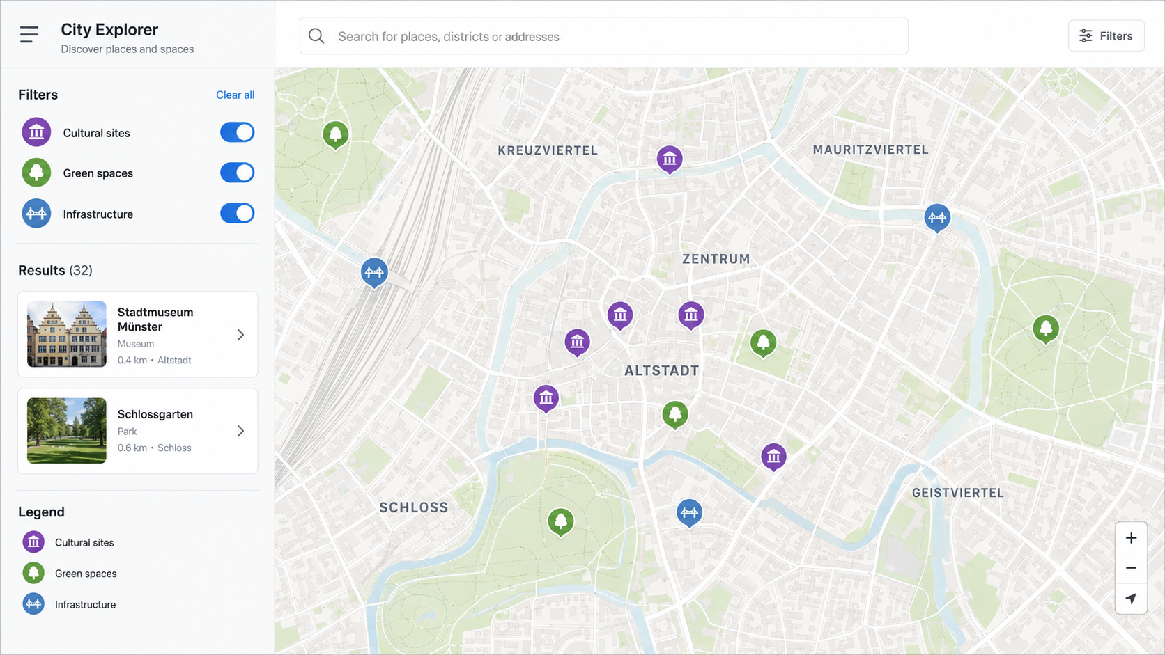 Interaktive Karte visualisiert gefilterte Standortdaten und Kategorien