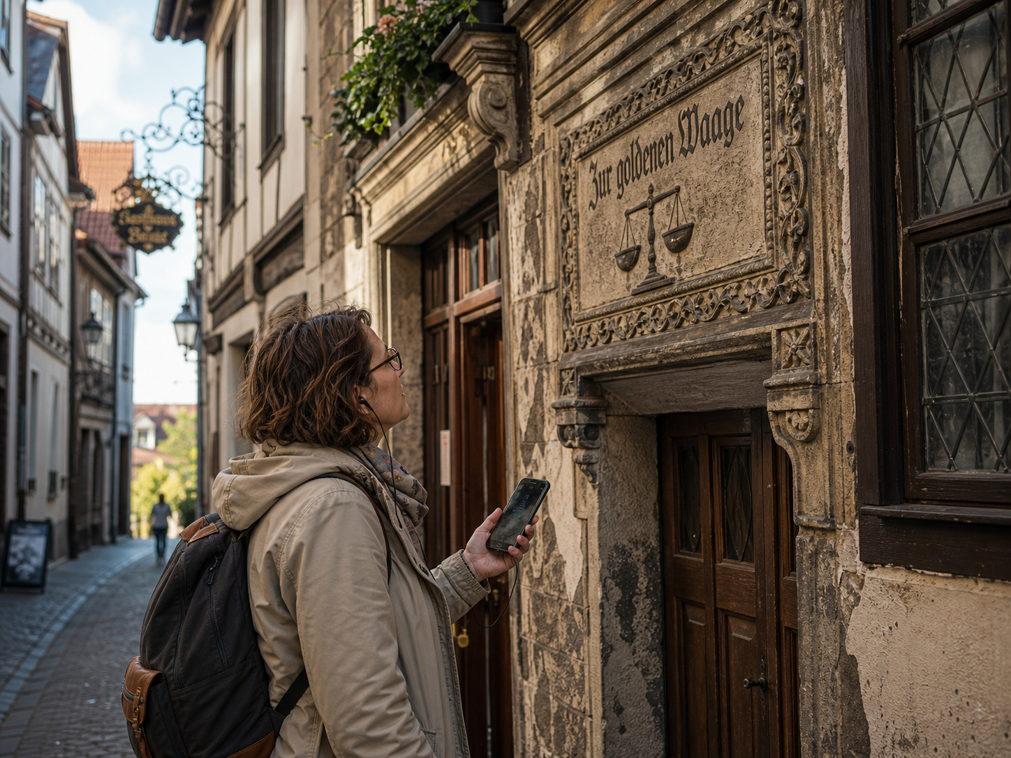 Besucherin hört an einer historischen Hausfassade einen Audiobeitrag