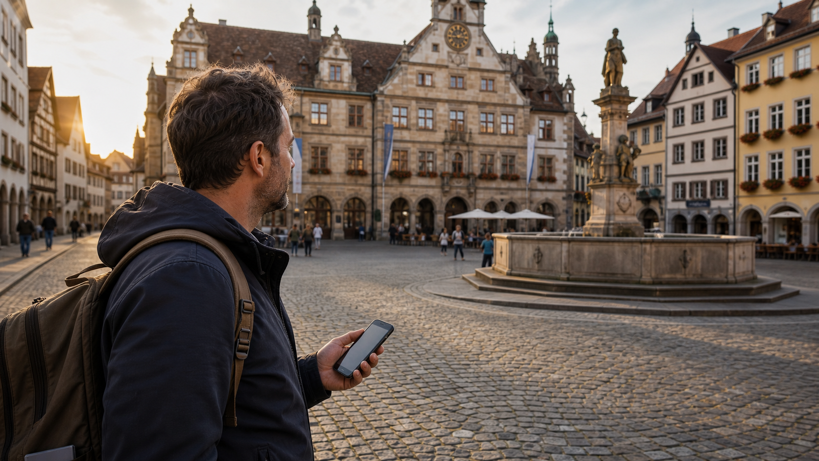 Reisender nutzt auf einem historischen Marktplatz einen digitalen Stadtbegleiter