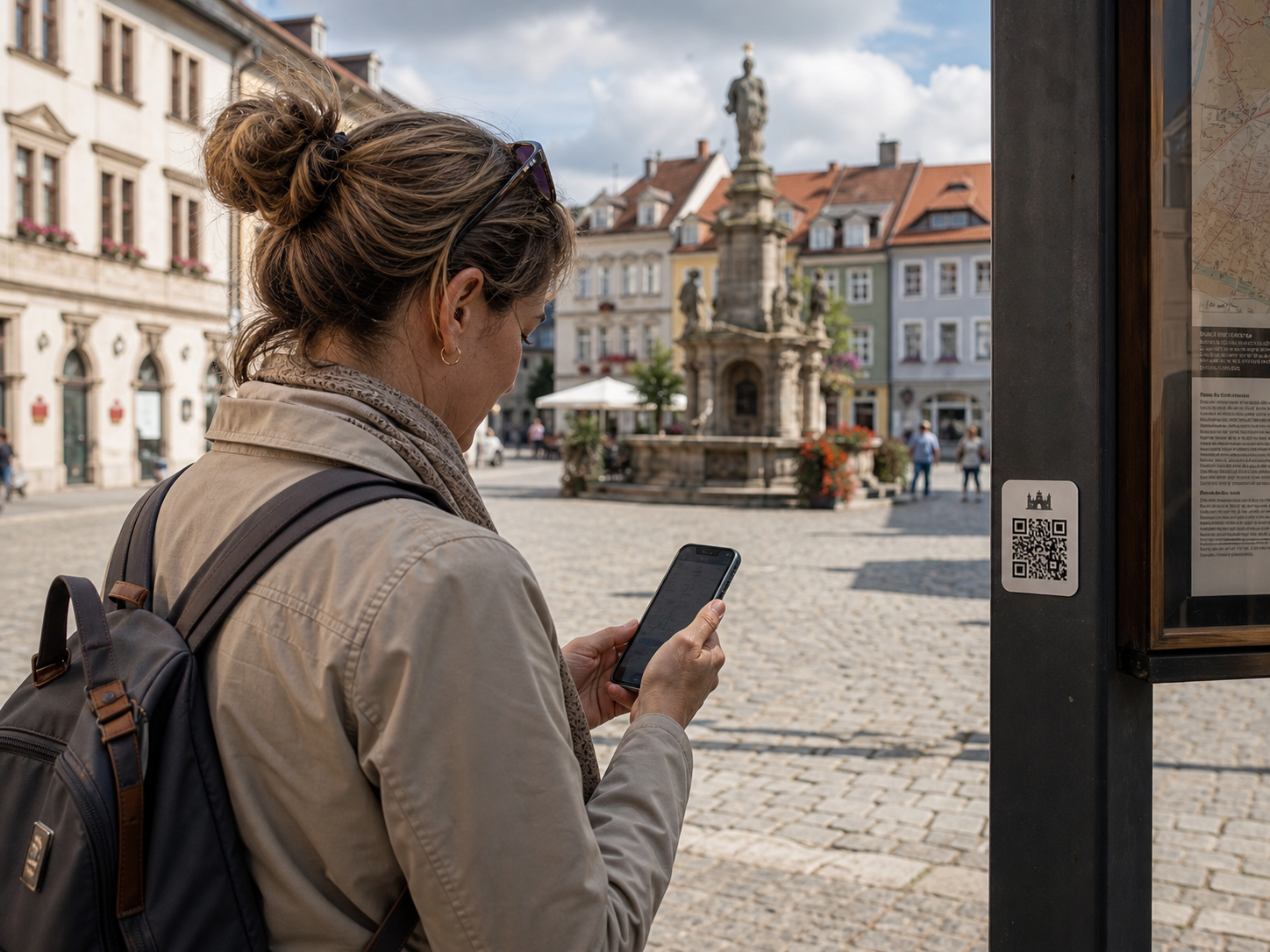 Touristin öffnet über einen QR-Code einen digitalen Stadtbegleiter