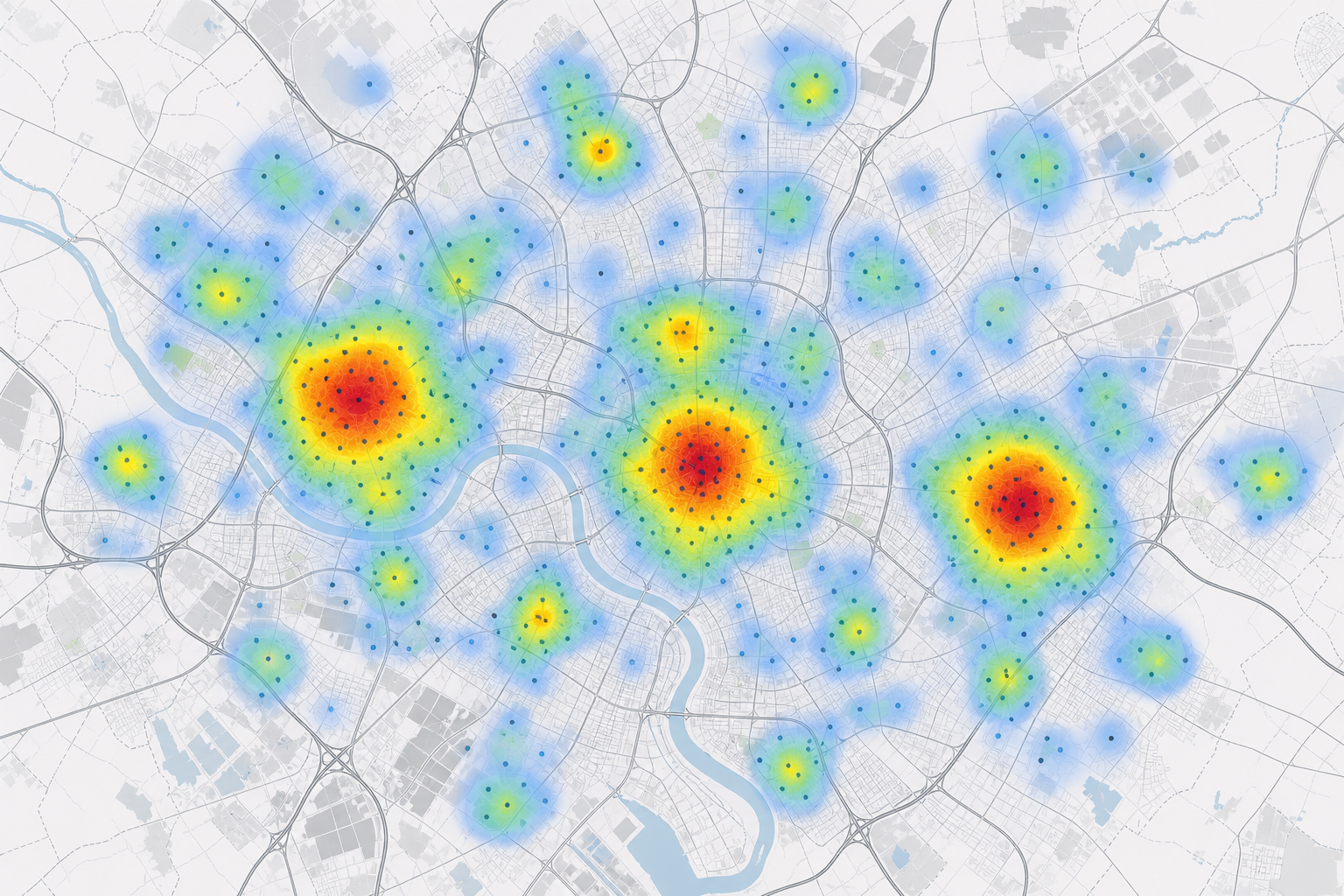 Heatmap technischer Serviceeinsätze mit drei stark verdichteten roten Hotspots und mehreren schwächeren Zonen auf einer Stadtkarte
