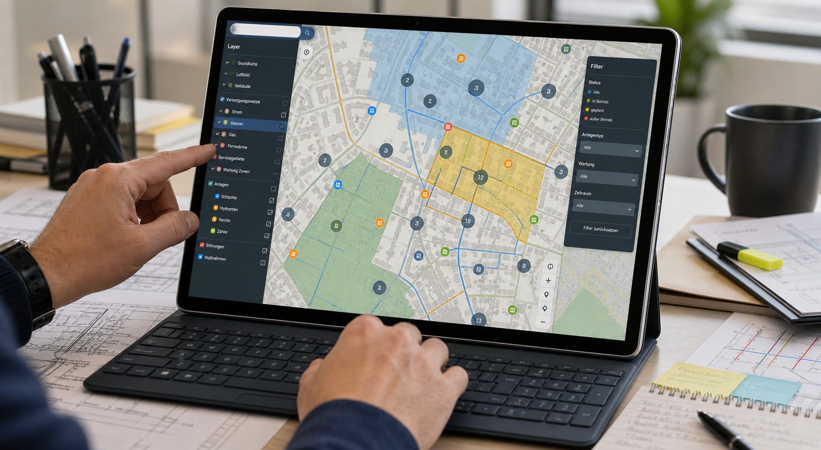 Fachanwender filtert Infrastruktur, Versorgungsnetze und Gebiete auf einer Tablet-Karte