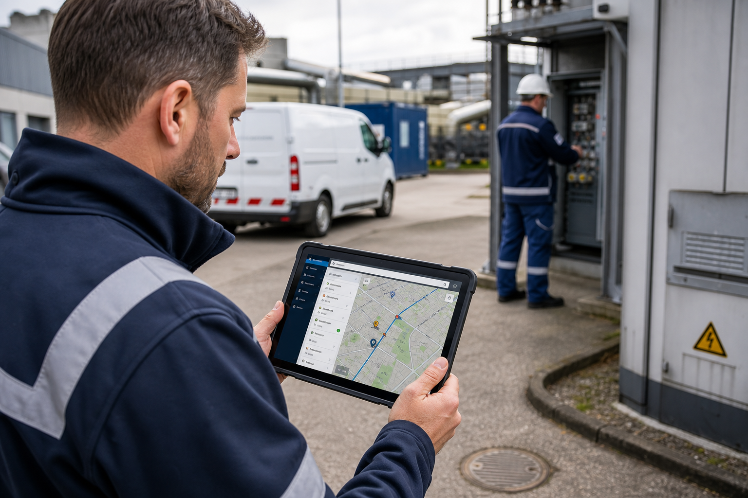 Techniker nutzt auf einem Außengelände eine mobile Kartenanwendung auf einem Tablet