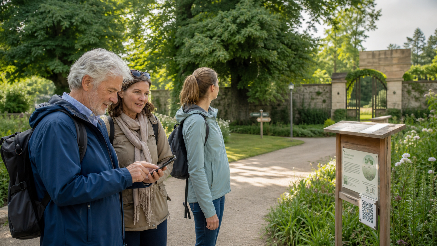 Besuchende öffnen an einer Informationstafel eine digitale Parkroute