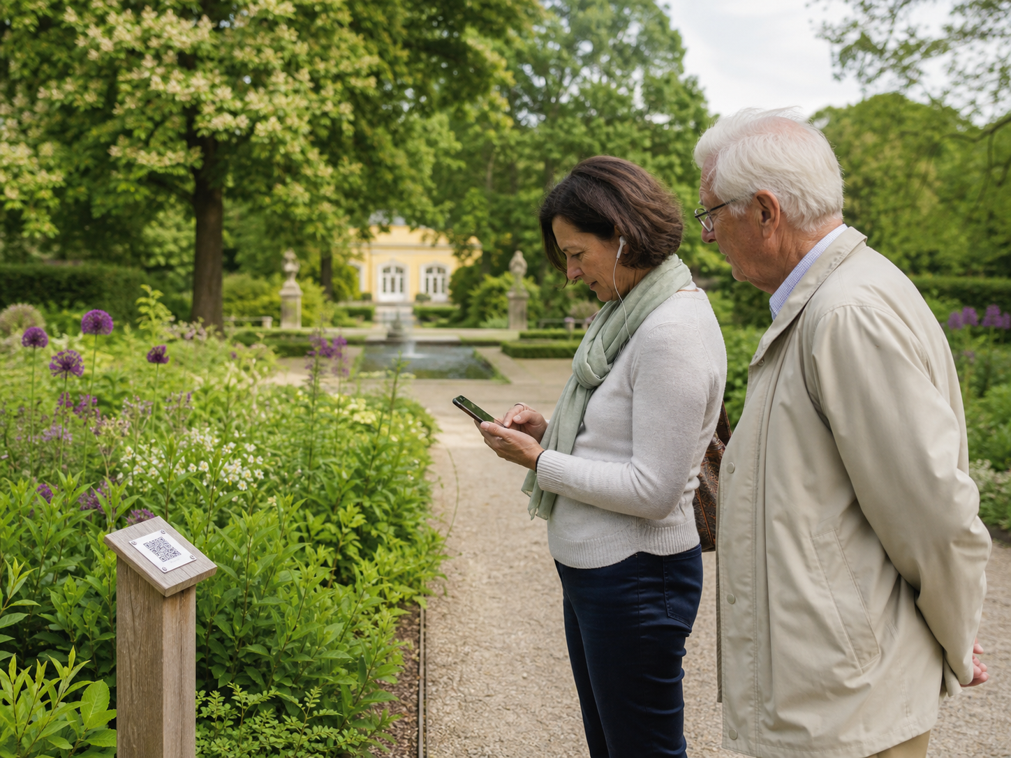 Paar startet an einer QR-Station einen Audiobeitrag im Garten