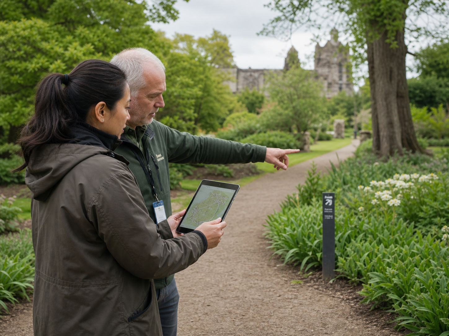 Parkteam plant digitale Routen und alternative Wege auf einem Tablet