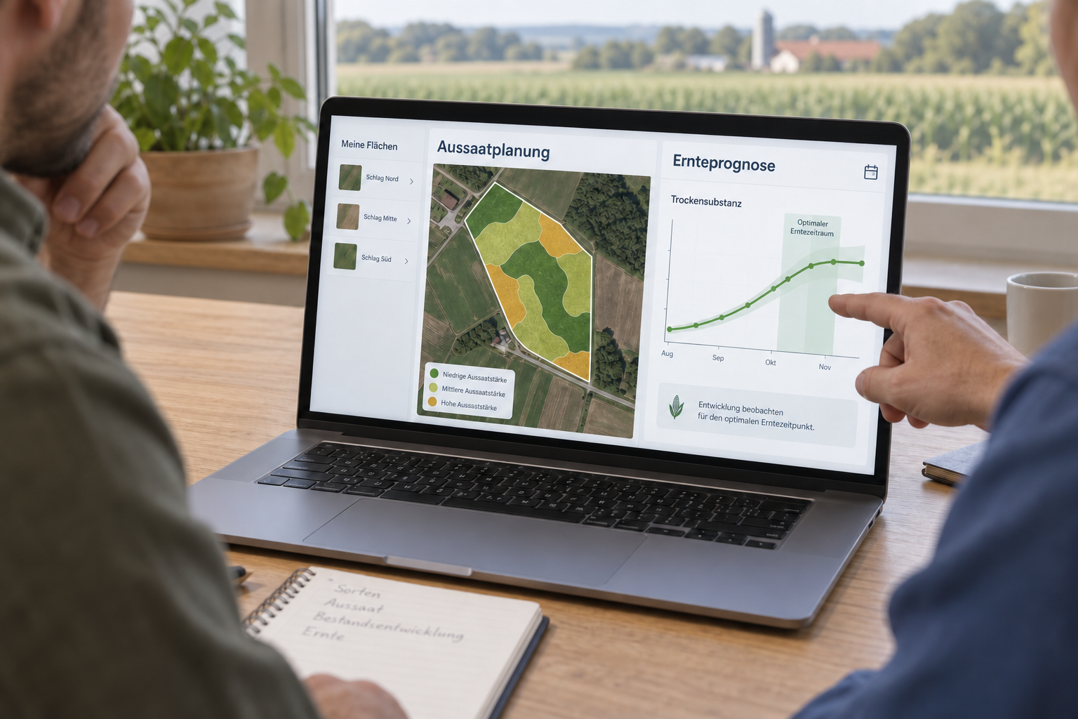 Illustrative Darstellung: Landwirt und Berater betrachten Aussaatzonen und eine Ernteprognose gemeinsam auf einem Laptop.