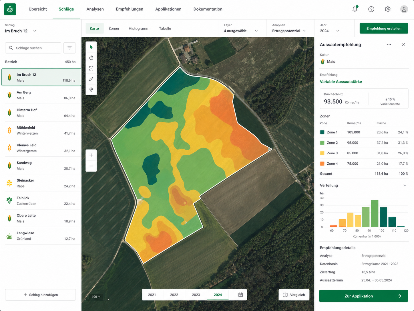 Konzeptionelle Agrarsoftware mit Feldübersicht, Satellitenkarte, Ertragspotenzialzonen und variabler Aussaatempfehlung für Mais.