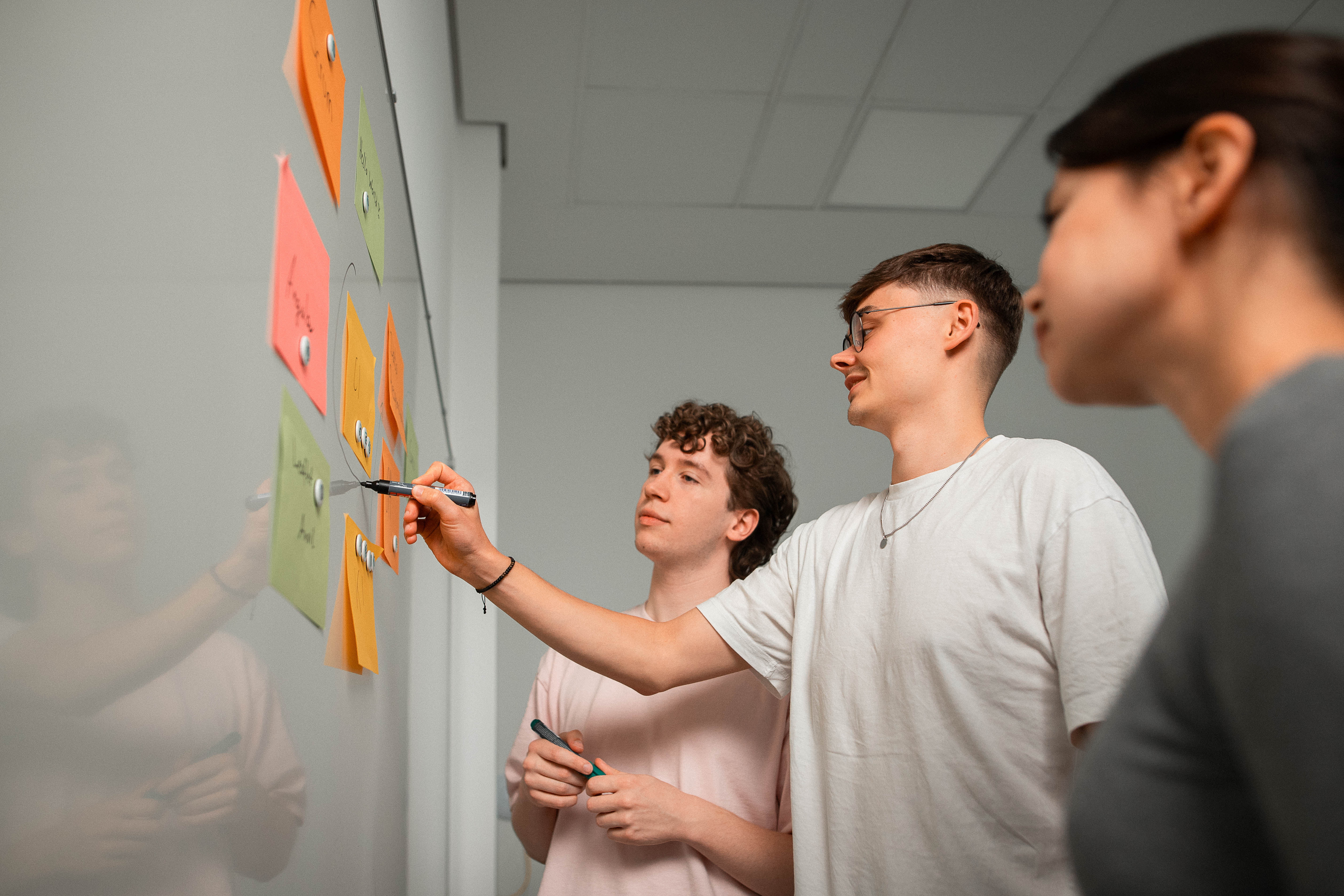 newcubator Team strukturiert Anforderungen und Lösungsideen an einem Whiteboard.