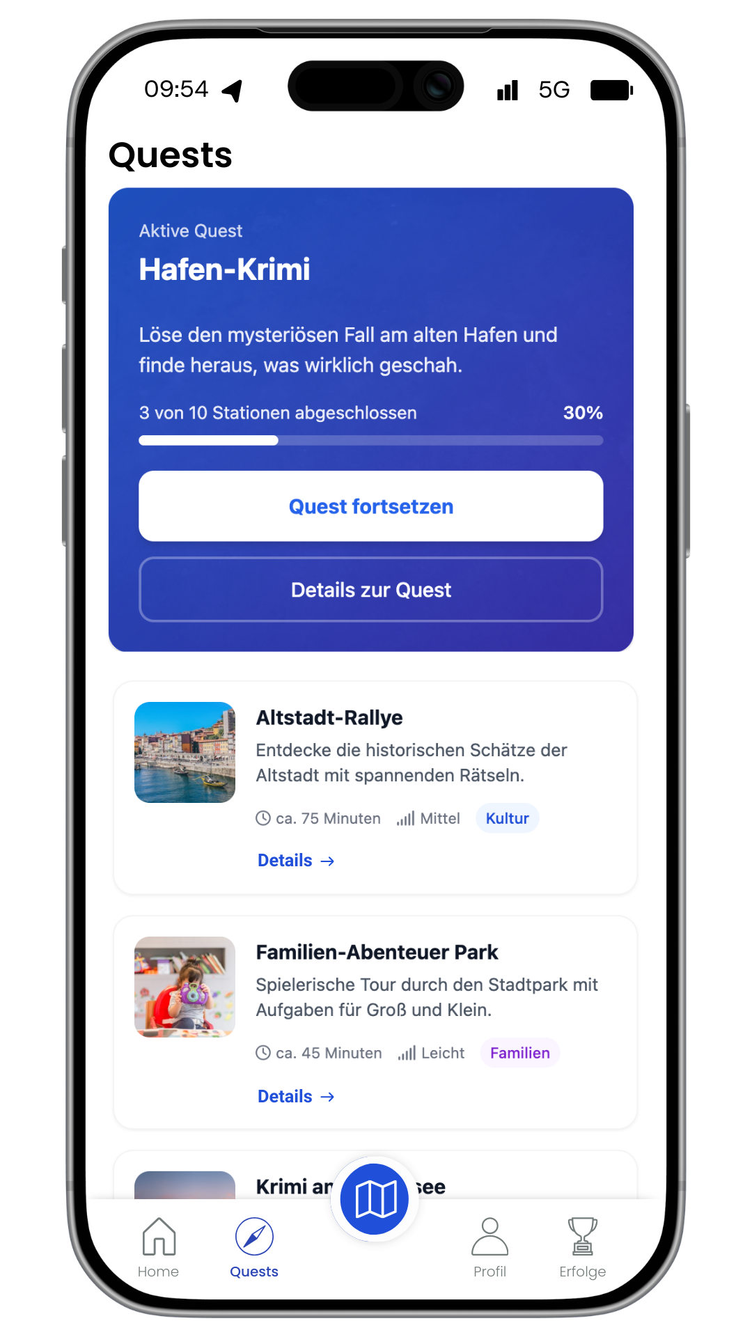 Mobile Übersicht einer digitalen Tour mit Stationen und Fortschritt